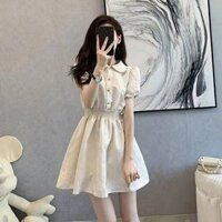 【Ready Stock】 2025 New Sweet Style Skirt Puff Sleeve Polo Collar Skirt Tea Break French Waist Slimming Dress sGyD