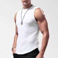 【Ready Stock】 Sports Striped Men's Vest Summer Elastic Running Casual Fashion Slim round Neck Solid Color Sleeveless Wide Shoulder Workout Clothes T2J5