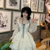 【Ready Stock】 Tea Break French Style Gentle Square Collar Dress Women's Autumn and Winter High Sense Temperament Waist-Controlled Slimming Floral Holiday Short Dress nf83