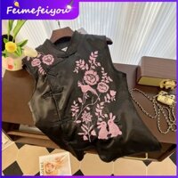 [real Shot] Áo Khoác Không Tay satin Đen Không Tay Thêu Chi Tiết Cao Cấp Phong Cách Trung Hoa Mới Cho Nữ