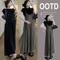 Real Shot Hàng sẵn có 2025 Đầm mùa hè cho bà bầu Sling Quần ống rộng dáng rộng + Áo thun Jumpsuit Bộ đồ hai mảnh dành cho bà bầu 8267