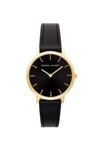 Rebecca Minkoff Women's Stainless Steel Quartz Watch with Leather Calfskin Strap, Black, 16 (Model: 2200239)