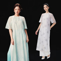 RECHIC Áo dài Lam Khuê dáng suông cổ tròn phối tay lửng họa tiết thân áo thanh lịch (KHÔNG KÈM QUẦN)