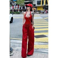 Red Retro Halter Neck New American Style Two-Piece Wide-Leg Pants[Hot-selling Casual Pants Vest]Shop Floor Micro Sheer Summer Low Neckline QH0H
