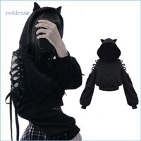 Redd Nữ Dễ Thương Cho Tai Mèo Áo Khoác Tay Dài Rỗng Ra Lạnh Vai Phối Ren Rời Crop Top Bông Tai Kẹp Đồ Họa Mồ Hôi