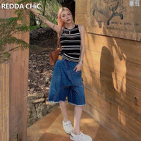 ReddachicS-xl Phiên Bản Hàn Quốc vibe Không Đều Túi Lớn Frayed Năm Điểm Quần Short Denim Nữ Thiết Kế Retro Cao Cấp Đường Phố Rộng Giữa Quần