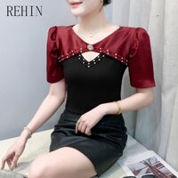 Rehin Mùa Hè Mới Thời Trang Tay Phồng Rỗng Ra Đính Hạt Chắp Vá Áo Thun Nữ Tay Ngắn Thời Trang Đa Năng