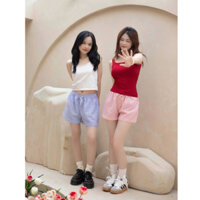Relaxed Boxer Shorts Màu Hồng Cháy, Quần Đùi Nữ Sponge-cloth Cotton Cao Cấp Kẻ Xanh Biển | DERBLUE