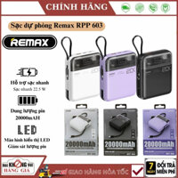 Remax RPP 603 - Sạc dự phòng Remax 20000mAh có sẵn 2 dây sạc type c 22,5w và lphone 20w