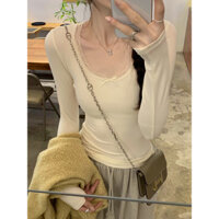 Ren-edge Cổ Chữ u Đế Trắng Nữ Thu Đông Phong Cách Mới Dài Tay Slim-Fit Áo Thun Hot Girl Skinny Bên Trong Top