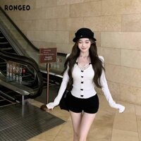 Ren Khâu Áo Thun Dài Tay Nữ Trắng Skinny Bên Trong Trận Đấu Cổ Chữ U Đáy Áo Sơ Mi