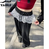 Ren Khâu Chấm Bi Quần Ống Rộng Thiết Kế Nữ Thường Ngày Rời Thẳng Lau Quần