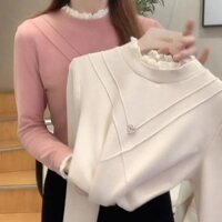Ren Nữ Dài Tay Cổ Tròn Ren Nửa Cổ Đáy Áo Sơ Mi Lông Cừu Dày Ấm Mỏng Áo Len Chặt