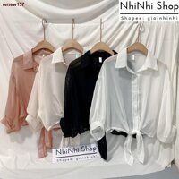 ☫♘renew157Sơ mi von mỏng buộc vạt, Áo sơ mi kiểu dài tay dáng rộng CS071 - NhiNhi Shop