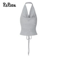 Rerosa Áo Sát Nách Cổ Yếm Cột Dây Bằng Lụa Bóng Màu Trơn Phản Quang Cho Nữ