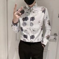 Retro Casual Slim-fit Quần Áo Nam Phong Cách Xù Đẹp Trai Mỏng Dài Tay Áo Sơ Mi Hợp Thời Trang Nam In Lá Áo Sơ Mi Nam