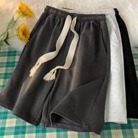 Retro đơn giản màu trơn dây rút eo quần short thể thao dành cho nam và nữ mùa hè phổ biến cỡ lớn thoáng khí thoải mái dáng rộng giản dị ống thẳng năm phần tư quần