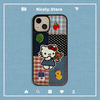 Retro Jeans HelloKitty Nối Embroideer Ốp lưng Tương Thích Cho iPhone 16 15 14 13 12 Pro Max 12Pro 13Promax TPU Vỏ Chống Sốc Ốp Lưng