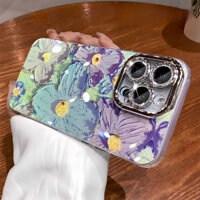 Retro Lấp Lánh Tranh Sơn Dầu Hoa Ốp Lưng Điện Thoại IPhone 16 Pro Max 16 Plus 11 12 13 14 15 Pro Max Kim Cương Ống Kính Phim Vỏ Silicon Chống Sốc