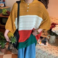 Retro Màu Sắc Phù Hợp Với Sọc Ve Áo Rỗng Đan Áo Sơ Mi POLO Cặp Đôi Mùa Hè Áo Thun Tay Ngắn