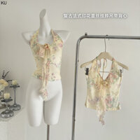 Retro Pháp In Hình Sling Top Nữ Ngọt Ngào Ren Dây Sling Nữ Mùa Hè Hot Girl Ba Chiều Hoa Ruy Băng Top