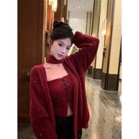 Retro Phong Cách Hàn Quốc Bộ Đồ Thời Trang Nữ Thu Đông Phong Cách Mới Lười Bầu Không Khí Áo Len Cardigan Slim-fit Tube Top Bộ Đồ Hai Mảnh Hợp Thời Trang pdd / / wtt2025.1.4