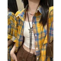Retro Phong Cách Vibe Vàng Kẻ Sọc Dài Tay Áo Khoác Nữ Thiết Kế Niche Mỹ Cardigan Áo CS + JK
