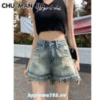 Retro Tattered Jeans Quần Short Denim Nữ Mùa Hè Mới Cao Cấp Phong Cách Hàn Quốc Rời Giảm Béo Nguyên Viền Chân Rộng Quần Nóng