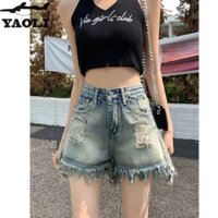 Retro Tattered Jeans Quần Short Denim Nữ Mùa Hè Mới Cao Cấp Phong Cách Hàn Quốc Rời Giảm Béo Nguyên Viền Chân Rộng Quần Nóng