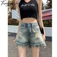 Retro Tattered Jeans Quần Short Denim Nữ Mùa Hè Mới Cao Cấp Phong Cách Hàn Quốc Rời Giảm Béo Nguyên Viền Chân Rộng Quần Nóng