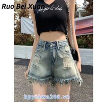 Retro Tattered Jeans Quần Short Denim Nữ Mùa Hè Mới Cao Cấp Phong Cách Hàn Quốc Rời Giảm Béo Nguyên Viền Chân Rộng Quần Nóng