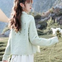 Retro văn học Áo len màu xanh lá cây màu xanh lá cây nhỏ cho phụ nữ áo khoác ngắn thông thường