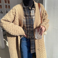 Retro Xanh Thu Đông Bên Ngoài Áo Len Dày Áo Khoác Nữ Phong Cách Lười Rời Giữa Chiều Dài Over-the-Kne