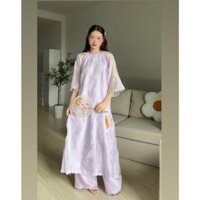 Retrostyle - Set Áo Dài Cách Tân In Hoa Đính Nơ + Quần Dài Phi Bóng - Aodai704