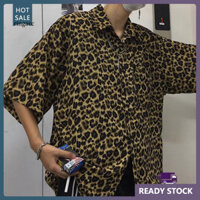 Rga Ve Áo Tay Ngắn Miếng Dán Túi Đơn Áo Sơ Mi Nam Mùa Hè Da Báo In Áo Sơ Mi Dạo Phố