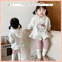 [Riconi] Bé Gái Mèo Kitty Hoạt Hình Màu Hồng Đầm Mùa Xuân Dễ Thương + Quần Legging Phù Hợp Với Bộ Đồ Ren Bé Gái
