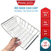 Rổ Inox 304 Chữ Nhật Gác Bồn Rửa Chén Pimisi Úp Bát Đĩa - Rau Củ Quả Với Thiết Kế Thông Minh Điều Chỉnh Độ Dài Co Giãn Chiều Dài Khay, Tay Nắm Kéo Từ Thép Không Gỉ SUS 304 - Với 4 Góc Vuông Bo Tròn Phù Hợp Với Mọi Chậu Rửa Bát   Hàng Chính Hãng