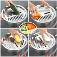 Rổ nạo inox, bộ 3 dụng cụ bào rau củ, gọt rau củ (rau + rổ + mặt bào) Kitchen inox 304 không rỉ có thau đựng.