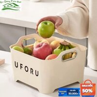 Rổ nhựa rửa rau củ hoa quả màu kem UFORU, Rổ đựng bát đĩa ráo nước có quai xách tiện lợi chất liệu nhựa PET an toàn