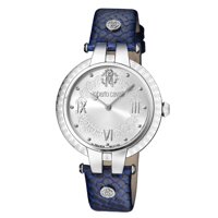 ROBERTO CAVALLI Women's Stainless Steel Swiss Quartz Watch with Leather Calfskin Strap, Blue, 18 (Model: RV1L053L0056)