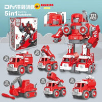 Robot biến hình lắp ráp xe công trìồ  5in1, đồ chơi lắp ghép xe công trường xe cứu hoả đồ chơi robot biến hình siêu nhân