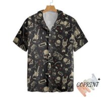 Rock N Roll Will Never Die Áo sơ mi Hawaii hoạ tiết Guitar điện Skull tối màu cho nam chất vải thoáng mát chống nhăn