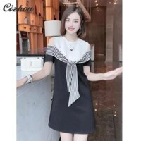 Rời Giảm Béo Chữ A Thiết Kế Váy Cảm Giác lệch Vai Tương Phản Màu Khâu Giả Hai Mảnh Đầm