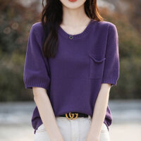 Rời Ôm Hơn Nhìn Cổ Tròn Ice Silk Tay Ngắn Mỏng Giả Túi Đan Top