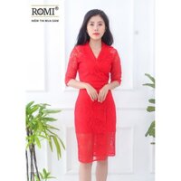 ROMI - HÌNH THẬT SẢN PHẨM - ĐẦM ÔM CÔNG SỞ KIỂU ĐẦM REN HỌA TIẾT PHỐI NÚT ROMI 3037