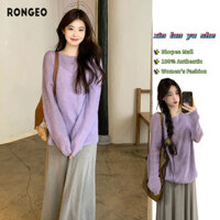 RONGEO Áo len dài tay mỏng dáng rộng màu tím mới dành cho nữ Áo khoác cổ tròn áo khoác thông thường