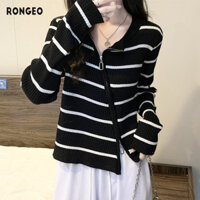 RONGEO Áo len dài tay nữ dệt kim cardigan sọc Nhật Bản và Hàn Quốc dáng rộng giản dị dễ thương