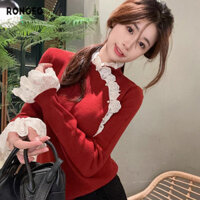 Rongeo Nữ ren đứng cổ áo len dệt kim dài tay xuân thu đông mỏng phù hợp với áo