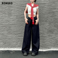 RONGEO Quần jean nữ Retro màu xanh đậm quần jean ống rộng eo cao dáng rộng xếp nếp quần ống rộng quần lau nhà