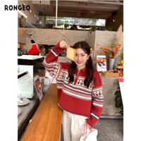 RONGEO Xuân Nữ Phong Cách Giáng Sinh retro Lông Đỏ Đảo Áo Chui Đầu Dày Rời Lười Phong Cách Dệt Kim Áo Len